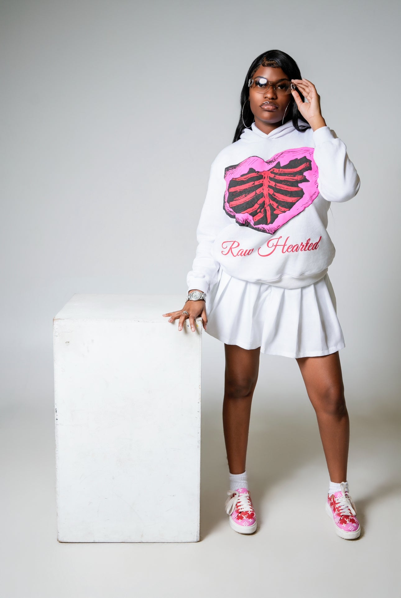 White & Hot Pink Raw Hearted Hoodie