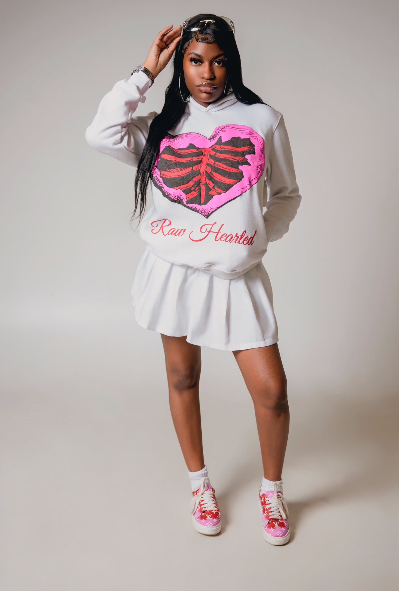 White & Hot Pink Raw Hearted Hoodie